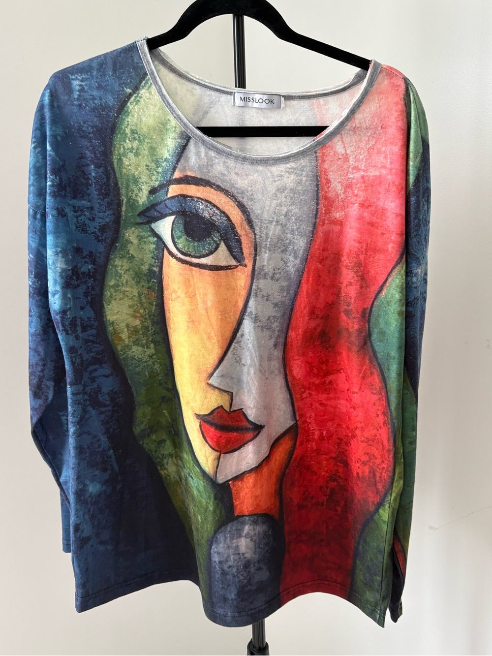 MISSLOOK Multicolor Abstract Face Print Long Sleeve Top - Red/Blue/Green